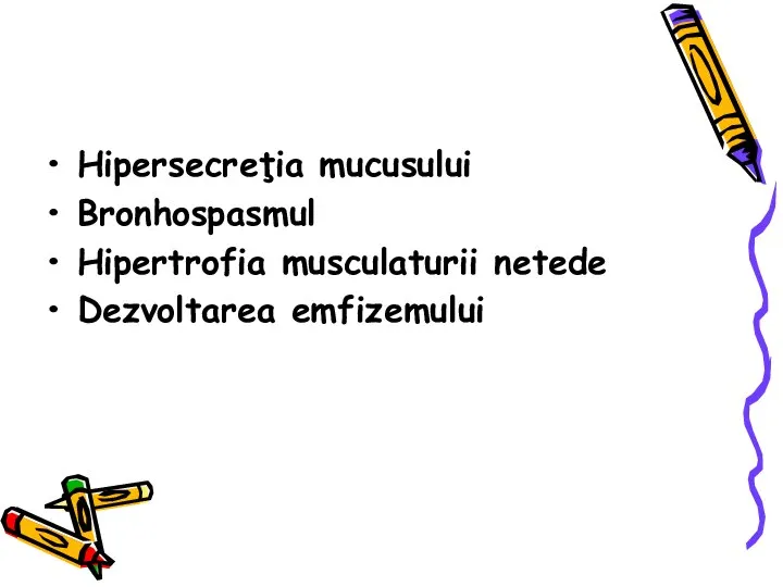 Hipersecreţia mucusului Bronhospasmul Hipertrofia musculaturii netede Dezvoltarea emfizemului