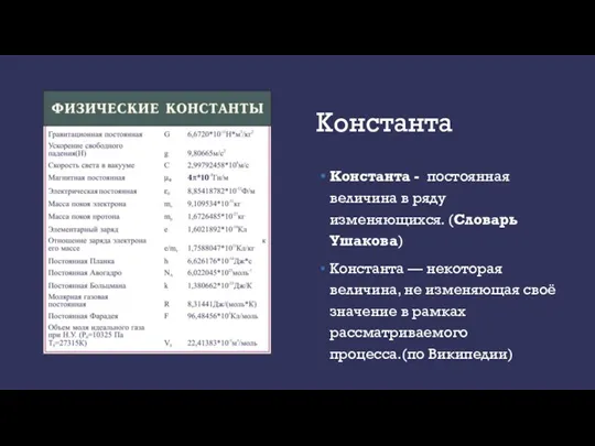 Константа Константа - постоянная величина в ряду изменяющихся. (Словарь Ушакова) Константа —