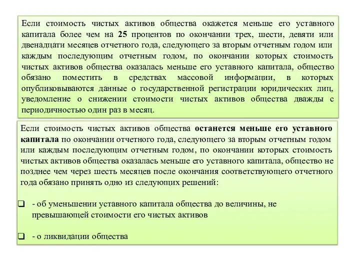 Если стоимость чистых активов общества останется меньше его уставного капитала по окончании