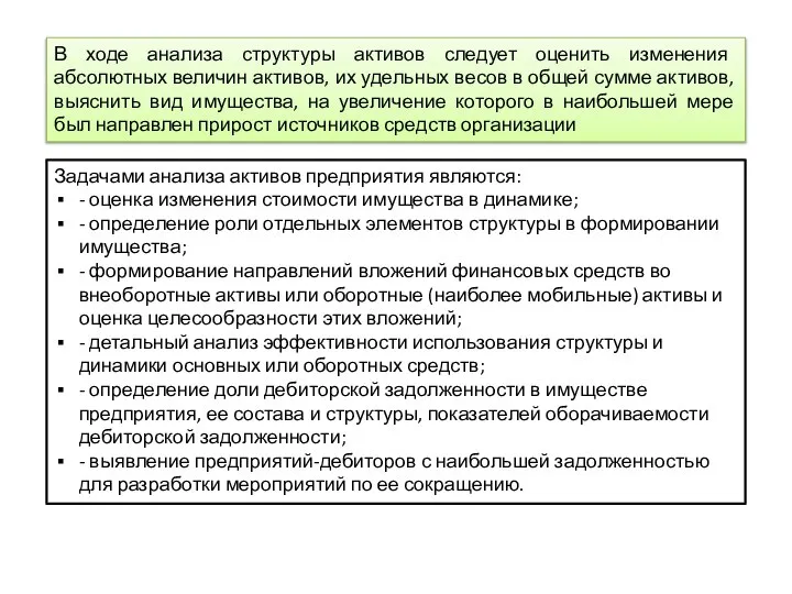 В ходе анализа структуры активов следует оценить изменения абсолютных величин активов, их