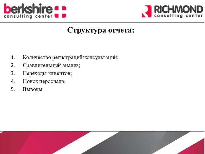 Структура отчета: Количество регистраций/консультаций; Сравнительный анализ; Переходы клиентов; Поиск персонала; Выводы.