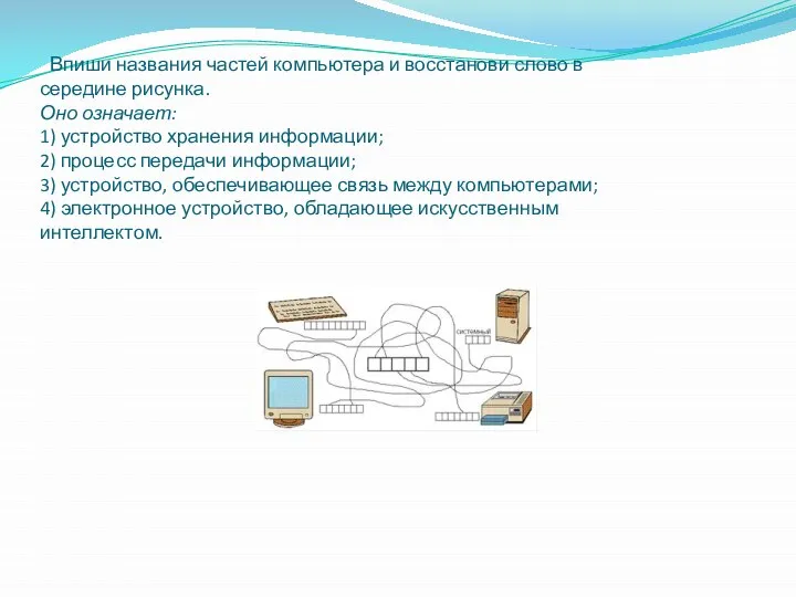 Впиши названия частей компьютера и восстанови слово в середине рисунка. Оно означает: