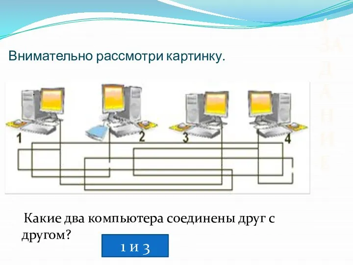 Внимательно рассмотри картинку. . Какие два компьютера соединены друг с другом? 4 ЗАДАНИЕ 1 и 3