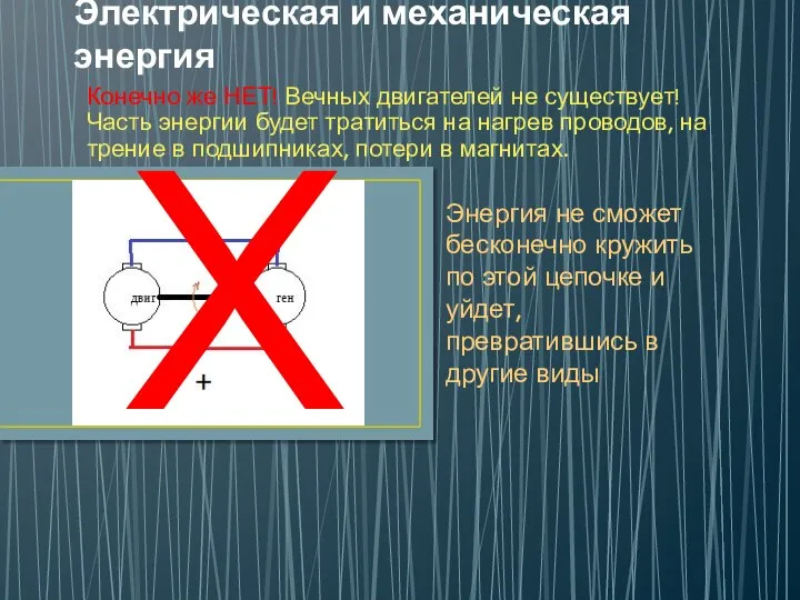 Электрическая и механическая энергия Конечно же НЕТ! Вечных двигателей не существует! Часть