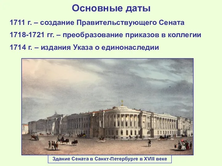 Основные даты 1711 г. – создание Правительствующего Сената 1718-1721 гг. – преобразование