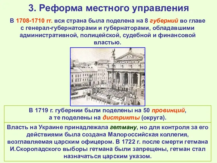 3. Реформа местного управления В 1708-1710 гг. вся страна была поделена на