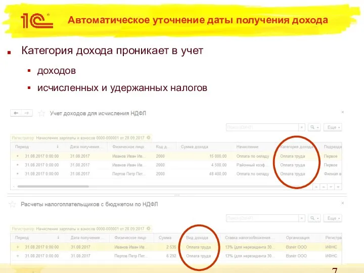 Автоматическое уточнение даты получения дохода Категория дохода проникает в учет доходов исчисленных и удержанных налогов