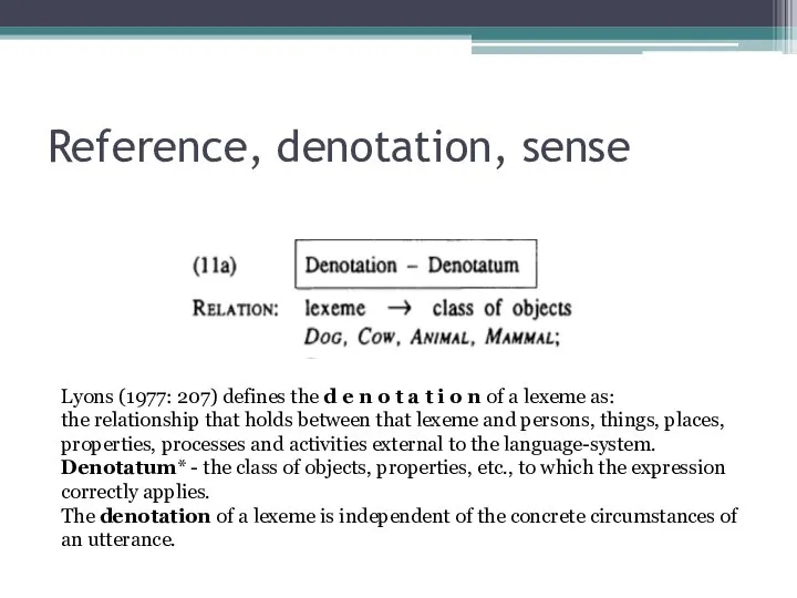 Reference, denotation, sense Lyons (1977: 207) defines the d e n o