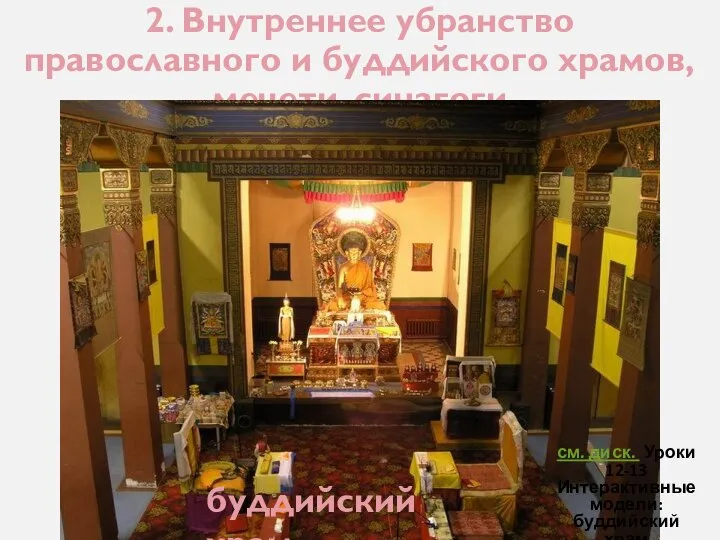 2. Внутреннее убранство православного и буддийского храмов, мечети, синагоги буддийский храм см.