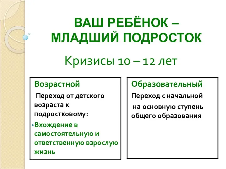 Кризисы 10 – 12 лет ВАШ РЕБЁНОК – МЛАДШИЙ ПОДРОСТОК