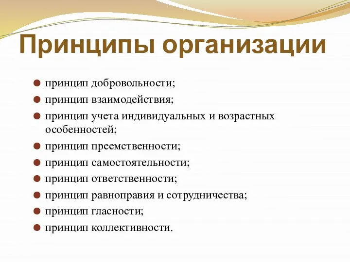 Принципы организации принцип добровольности; принцип взаимодействия; принцип учета индивидуальных и возрастных особенностей;