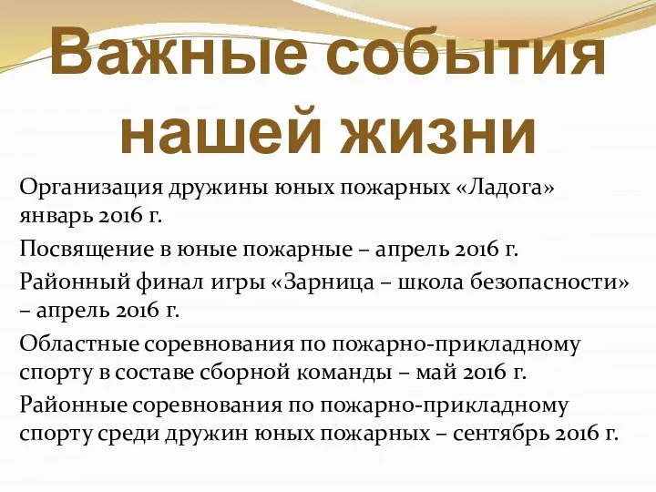 Важные события нашей жизни Организация дружины юных пожарных «Ладога» январь 2016 г.