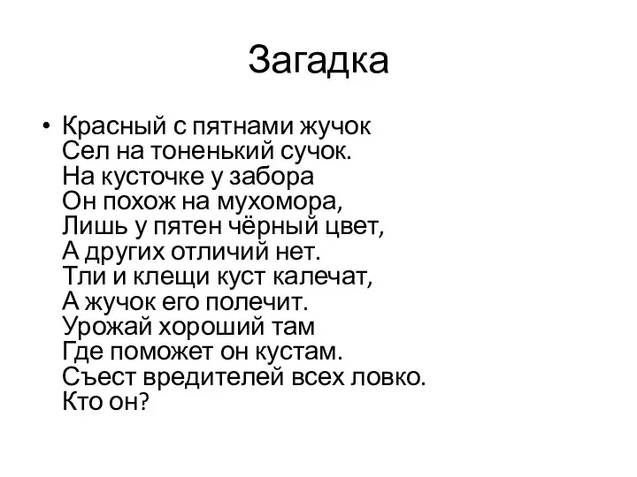 Загадка Красный с пятнами жучок Сел на тоненький сучок. На кусточке у