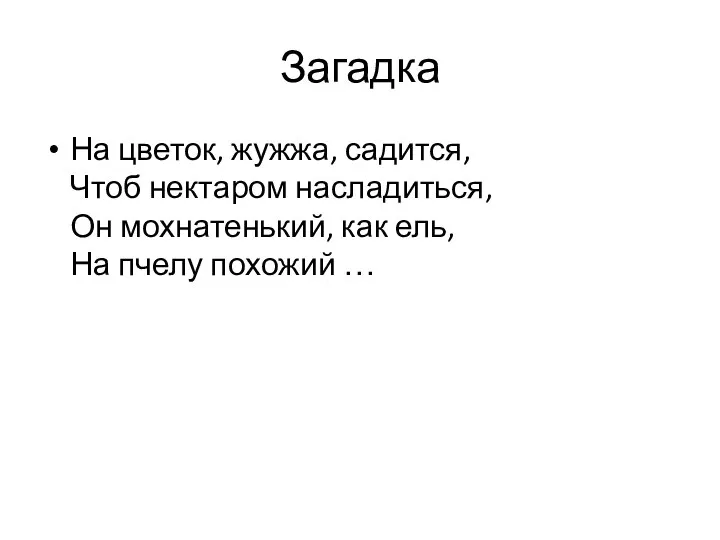 Загадка На цветок, жужжа, садится, Чтоб нектаром насладиться, Он мохнатенький, как ель, На пчелу похожий …