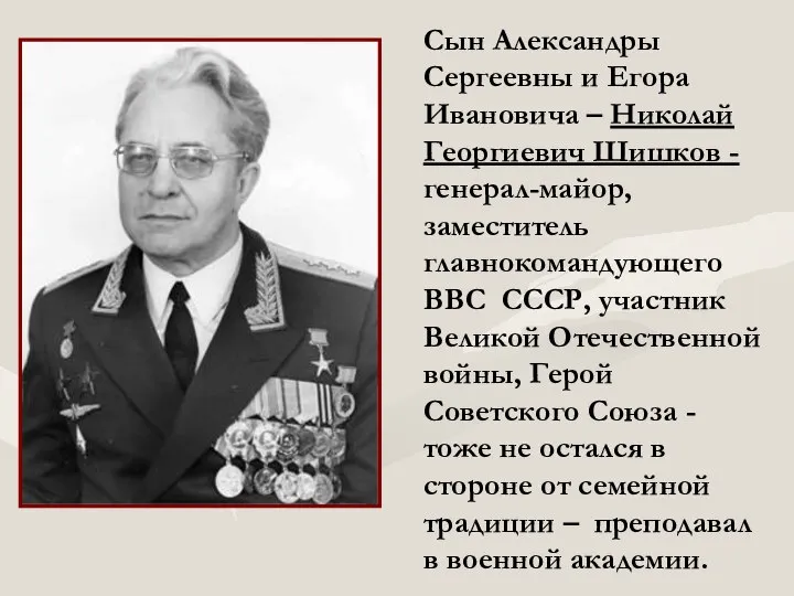 Сын Александры Сергеевны и Егора Ивановича – Николай Георгиевич Шишков - генерал-майор,