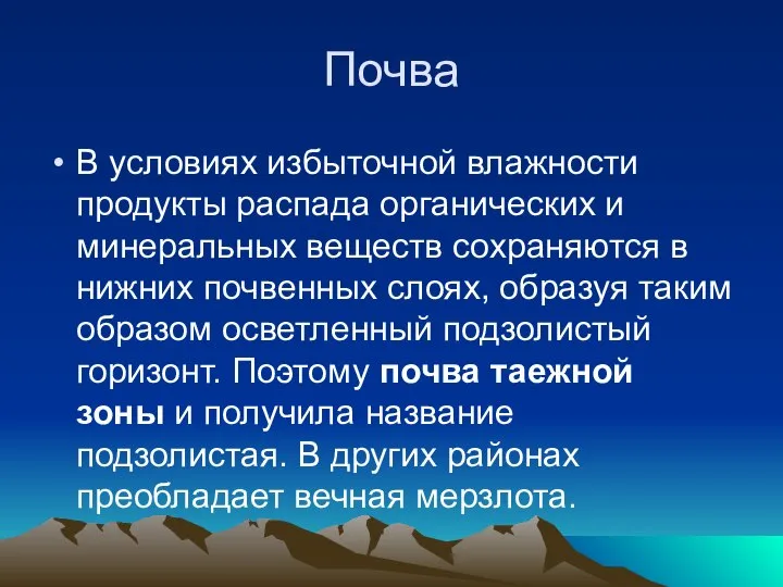 Почва В условиях избыточной влажности продукты распада органических и минеральных веществ сохраняются