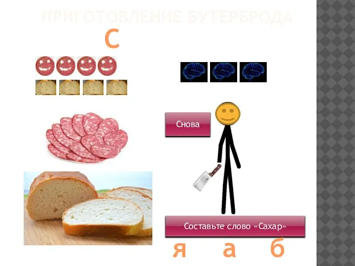 ПРИГОТОВЛЕНИЕ БУТЕРБРОДА Составьте слово «Сахар» Снова С я а б