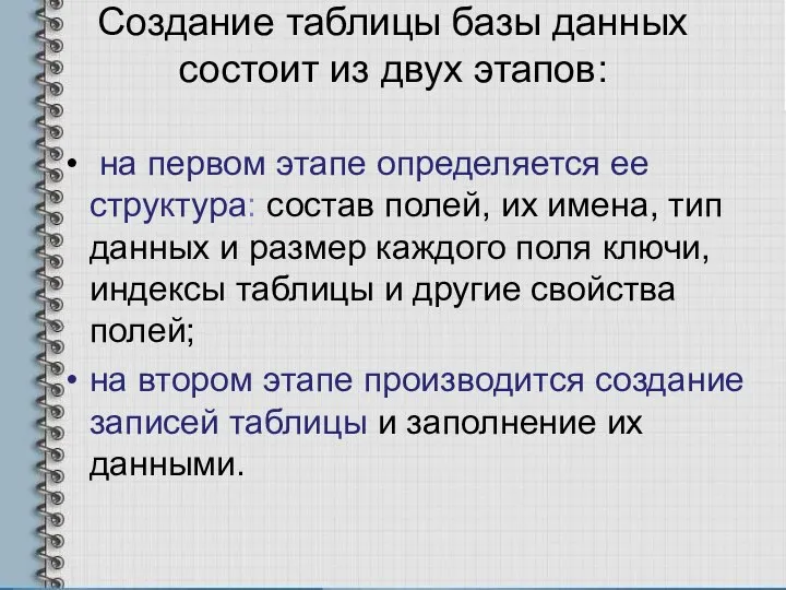 Создание таблицы базы данных состоит из двух этапов: на первом этапе определяется