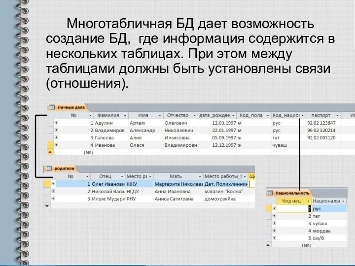 Многотабличная БД дает возможность создание БД, где информация содержится в нескольких таблицах.