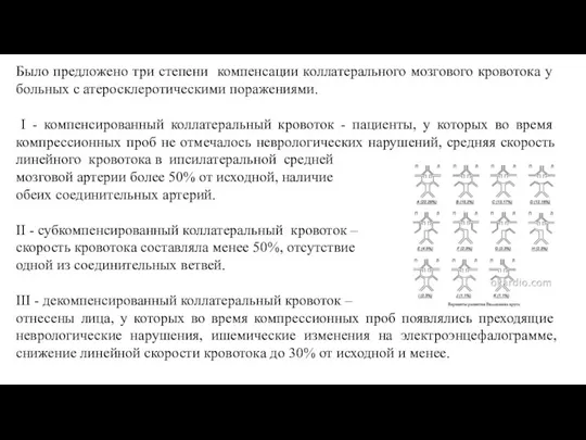 Было предложено три степени компенсации коллатерального мозгового кровотока у больных с атеросклеротическими