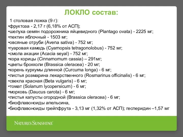 ЛОКЛО состав: 1 столовая ложка (9 г): фруктоза - 2,17 г (6,18%