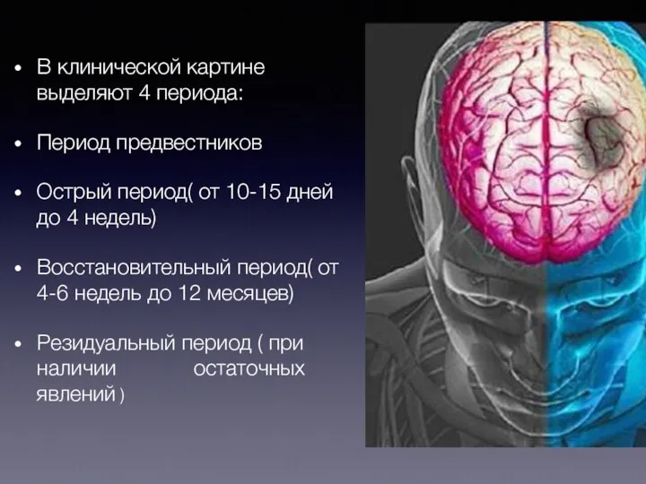 В клинической картине выделяют 4 периода: Период предвестников Острый период( от 10-15