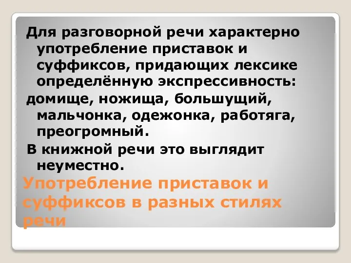 Употребление приставок и суффиксов в разных стилях речи Для разговорной речи характерно