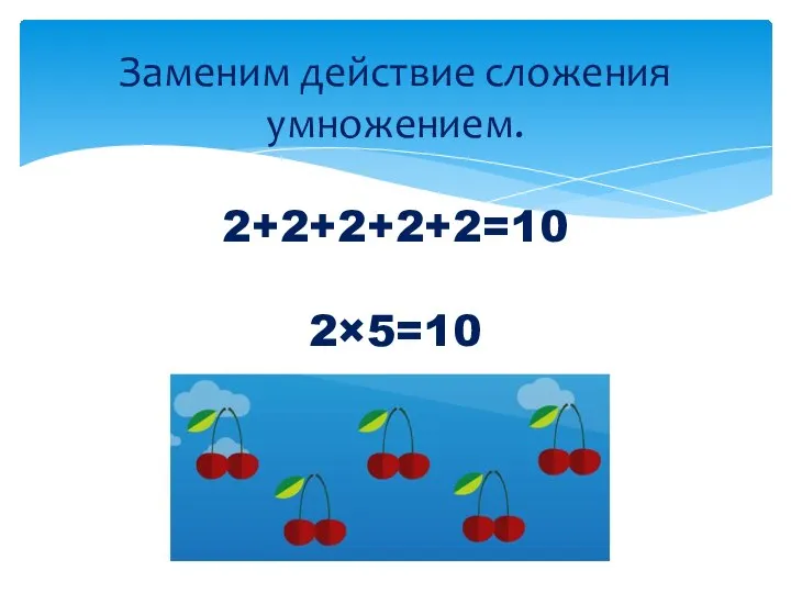 Заменим действие сложения умножением. 2+2+2+2+2=10 2×5=10