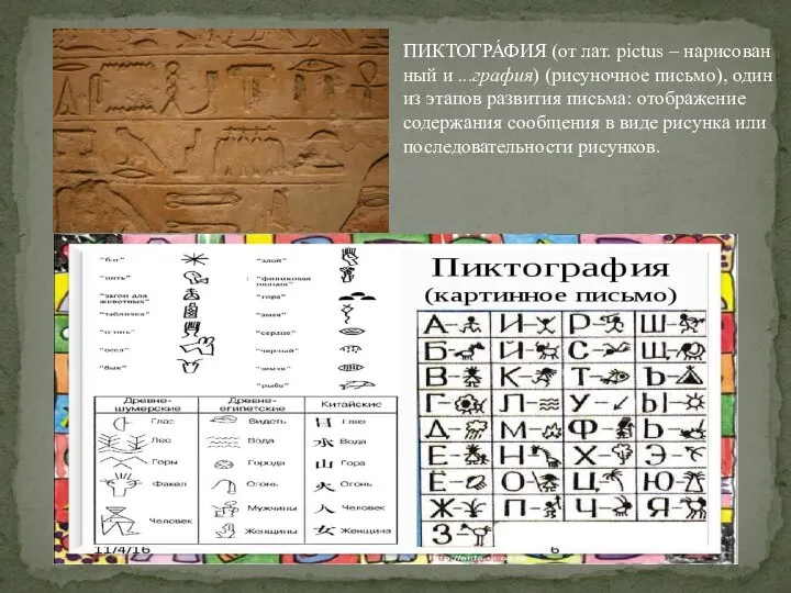 ПИКТОГРА́ФИЯ (от лат. pictus – на­ри­со­ван­ный и ...графия) (ри­су­ноч­ное пись­мо), один из