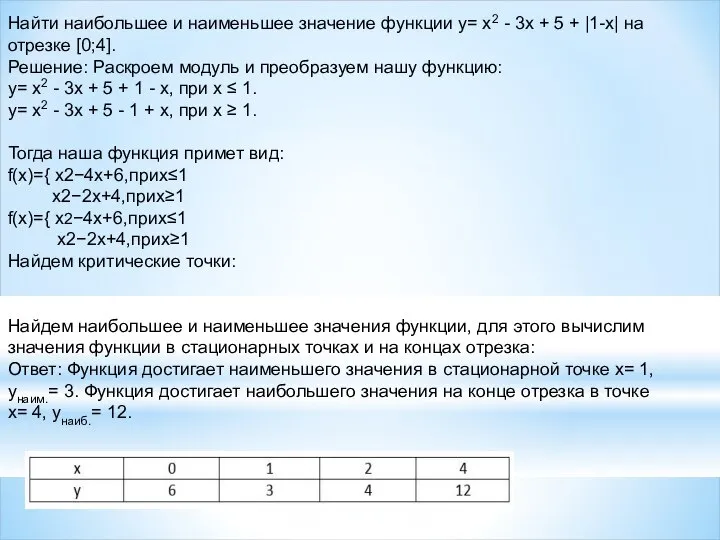 Найти наибольшее и наименьшее значение функции y= x2 - 3x + 5