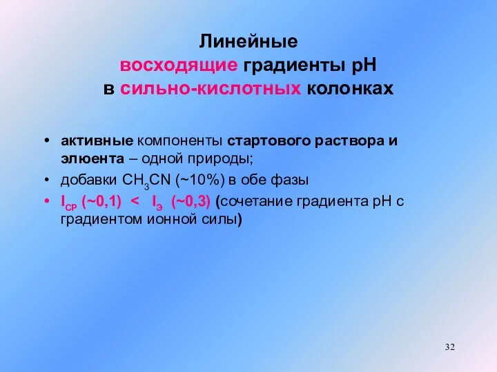 Линейные восходящие градиенты рН в сильно-кислотных колонках активные компоненты стартового раствора и