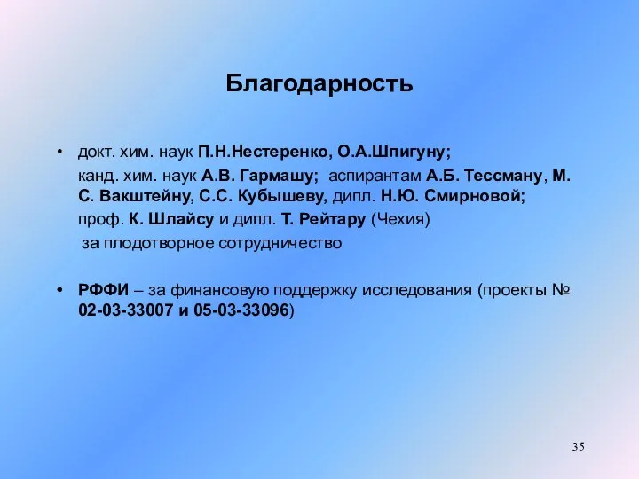 Благодарность докт. хим. наук П.Н.Нестеренко, О.А.Шпигуну; канд. хим. наук А.В. Гармашу; аспирантам