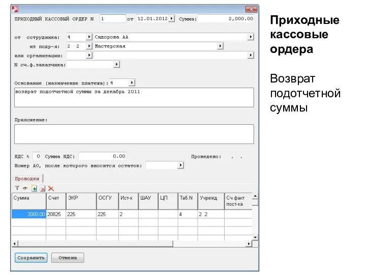 Приходные кассовые ордера Возврат подотчетной суммы