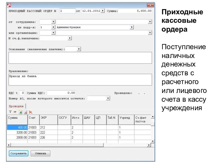 Приходные кассовые ордера Поступление наличных денежных средств с расчетного или лицевого счета в кассу учреждения