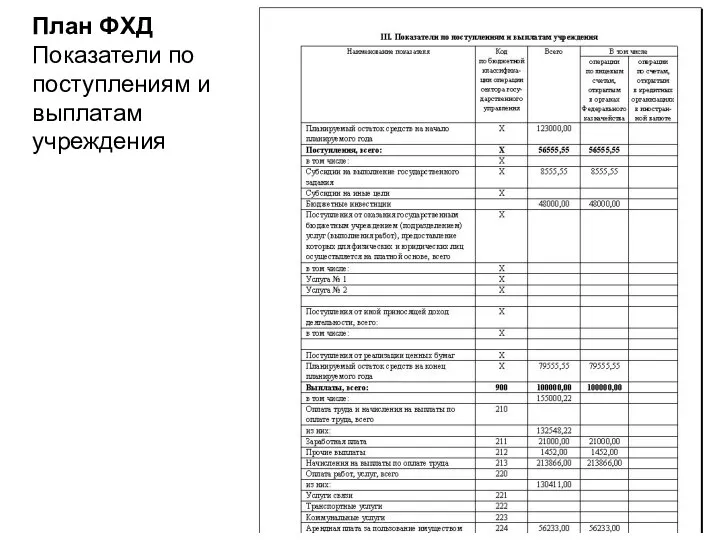 План ФХД Показатели по поступлениям и выплатам учреждения