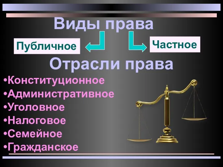 Отрасли права Конституционное Административное Уголовное Налоговое Семейное Гражданское Виды права Публичное Частное