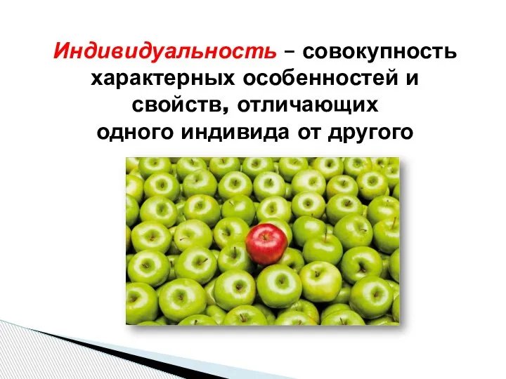 Индивидуальность – совокупность характерных особенностей и свойств, отличающих одного индивида от другого