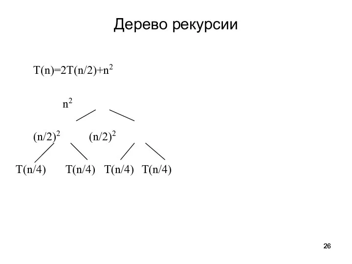 Дерево рекурсии T(n)=2T(n/2)+n2 n2 (n/2)2 (n/2)2 T(n/4) T(n/4) T(n/4) T(n/4)