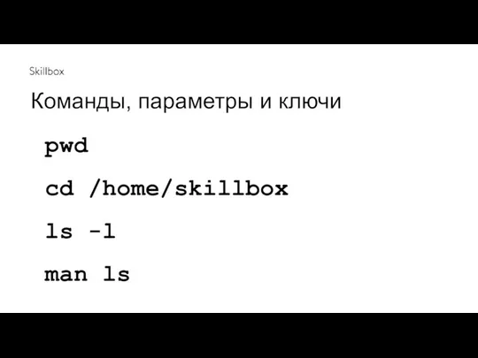 Команды, параметры и ключи pwd cd /home/skillbox ls -l man ls