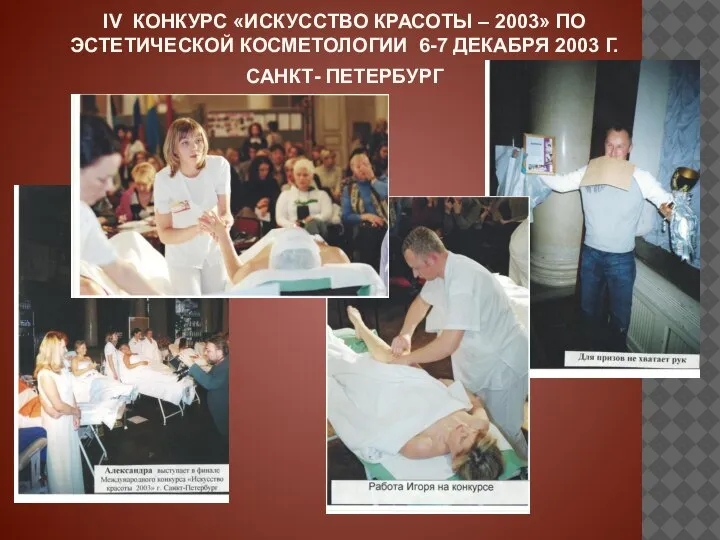 IV КОНКУРС «ИСКУССТВО КРАСОТЫ – 2003» ПО ЭСТЕТИЧЕСКОЙ КОСМЕТОЛОГИИ 6-7 ДЕКАБРЯ 2003 Г. САНКТ- ПЕТЕРБУРГ