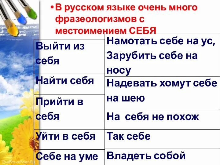 В русском языке очень много фразеологизмов с местоимением СЕБЯ