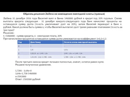 Задача. 31 декабря 2016 года Василий взял в банке 5460000 рублей в