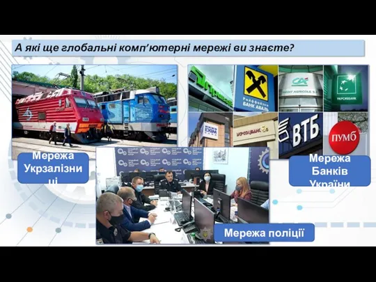 А які ще глобальні комп’ютерні мережі ви знаєте? Мережа Укрзалізниці Мережа Банків України Мережа поліції