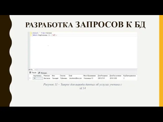 РАЗРАБОТКА ЗАПРОСОВ К БД Рисунок 11 – Запрос для вывода данных об