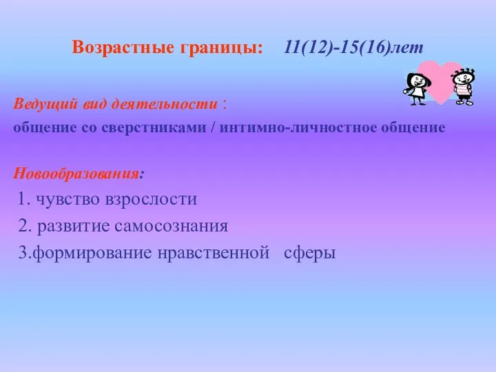 Возрастные границы: 11(12)-15(16)лет Ведущий вид деятельности : общение со сверстниками / интимно-личностное