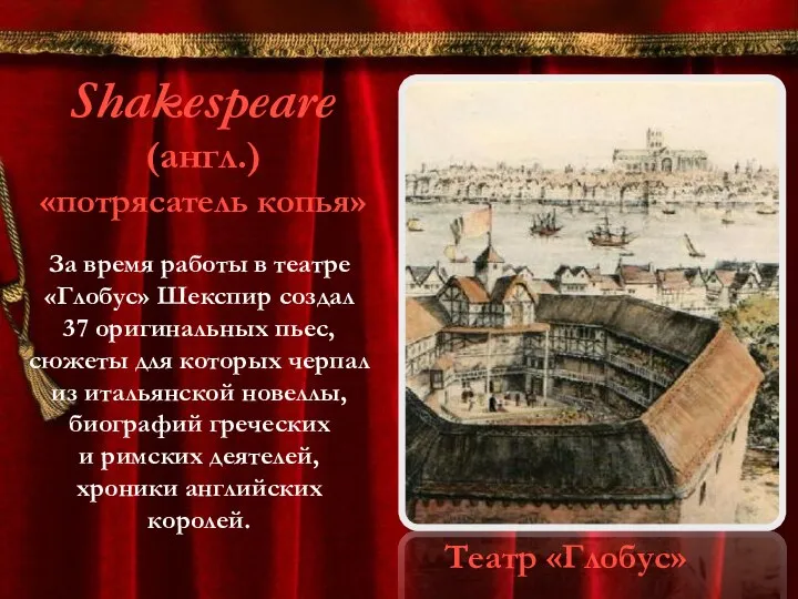 Театр «Глобус» Shakespeare (англ.) «потрясатель копья» За время работы в театре «Глобус»