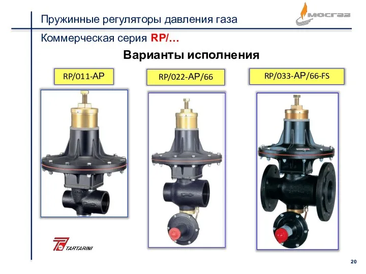 Пружинные регуляторы давления газа Коммерческая серия RP/… RP/011-АР RP/033-АР/66-FS RP/022-АР/66 Варианты исполнения