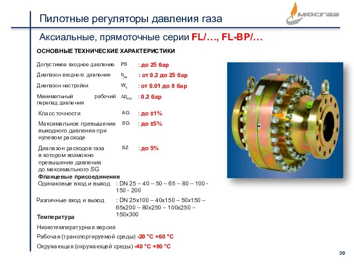 Пилотные регуляторы давления газа Аксиальные, прямоточные серии FL/…, FL-BP/… ОСНОВНЫЕ ТЕХНИЧЕСКИЕ ХАРАКТЕРИСТИКИ