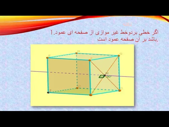 1.اگر خطی بردوخط غیر موازی از صفحه ای عمود باشد بر آن صفحه عمود است. نکته