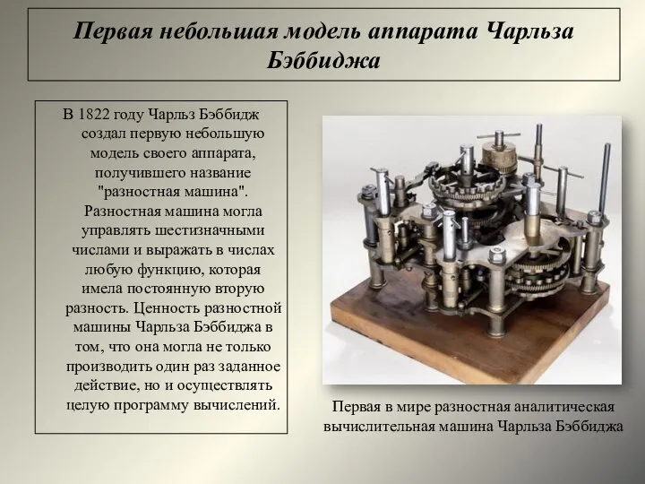 Первая небольшая модель аппарата Чарльза Бэббиджа В 1822 году Чарльз Бэббидж создал
